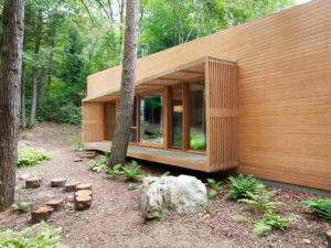 maison bois en forme d'une luge dans la forêt canadienne