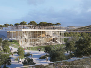3D modèle d'une parc verte avec maison en bois