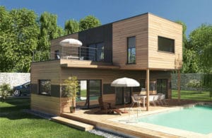 maison bois moderne avec jardin et piscine