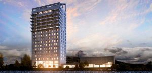 Bâtiment bois plus haut du monde au coucher du soleil