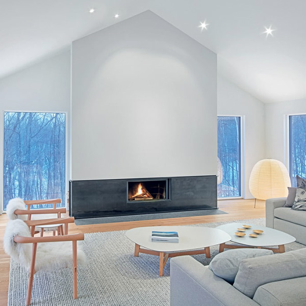 séjour confortable avec cheminée d'une maison bois au Canada