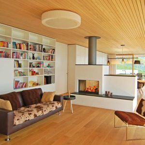 séjour avec cheminée dans maison bois
