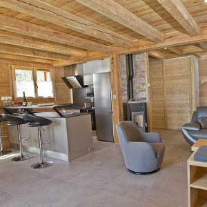 cuisine ouverte avec salon en bois dans chalet familial