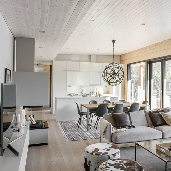 cuisine ouverte avec salon dans maison bois