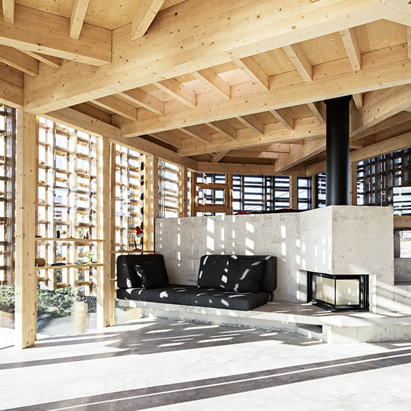 salon avec cheminée dans maison bois