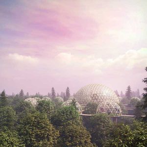 Lors de la COP26, l'exposition Build Better Now prend place dans le Pavillon de l'Environnement Bâti en forme de dômes en bois dans la forêt © AECOM