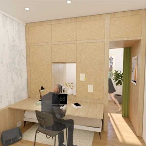 Transformation d'une chambre en bureau pour le télétravail © Margot Genieys et Léa Nomine - Concours New Living Wood 2022.
