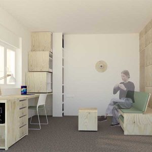 Une chambre universitaire plus fonctionnelle avec des modules bois © Louise Conan & Doris Foutou - Concours New Living Wood 2022.