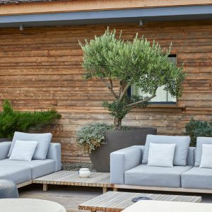 Maison bois avec vue sur terrasse en bois et salon de jardin