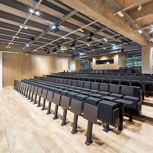 Les revêtements muraux en panneaux LIGNO® Acoustique, entre autres, assurent une bonne acoustique dans les grandes
surfaces, comme ici dans l'auditorium.
Crédit photos : Lignotrend / © Fotos: Michel Denancé