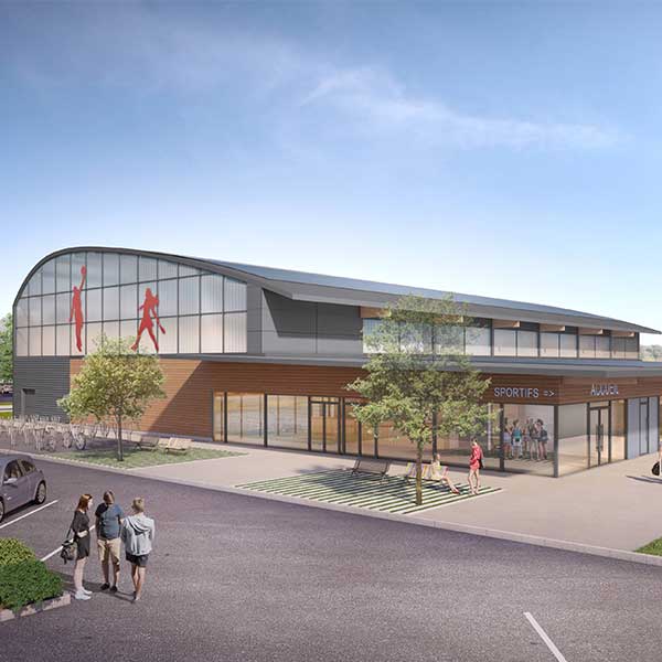 Le concept Salto est un gymnase en bois proposé par Mathis pour les communes